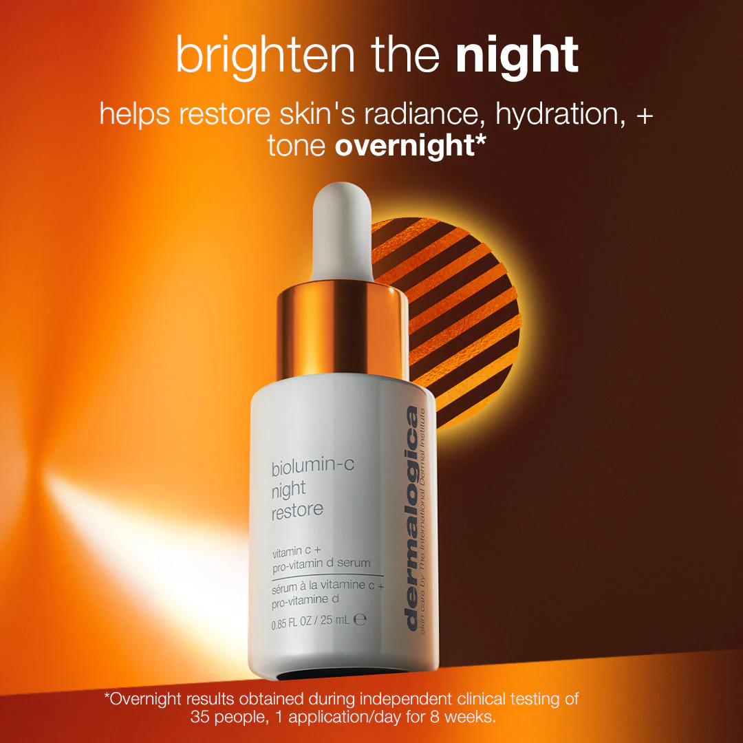 Dermalogica biolumin-c night restore serum bottle with vitamin C and pro-vitamin D on orange background