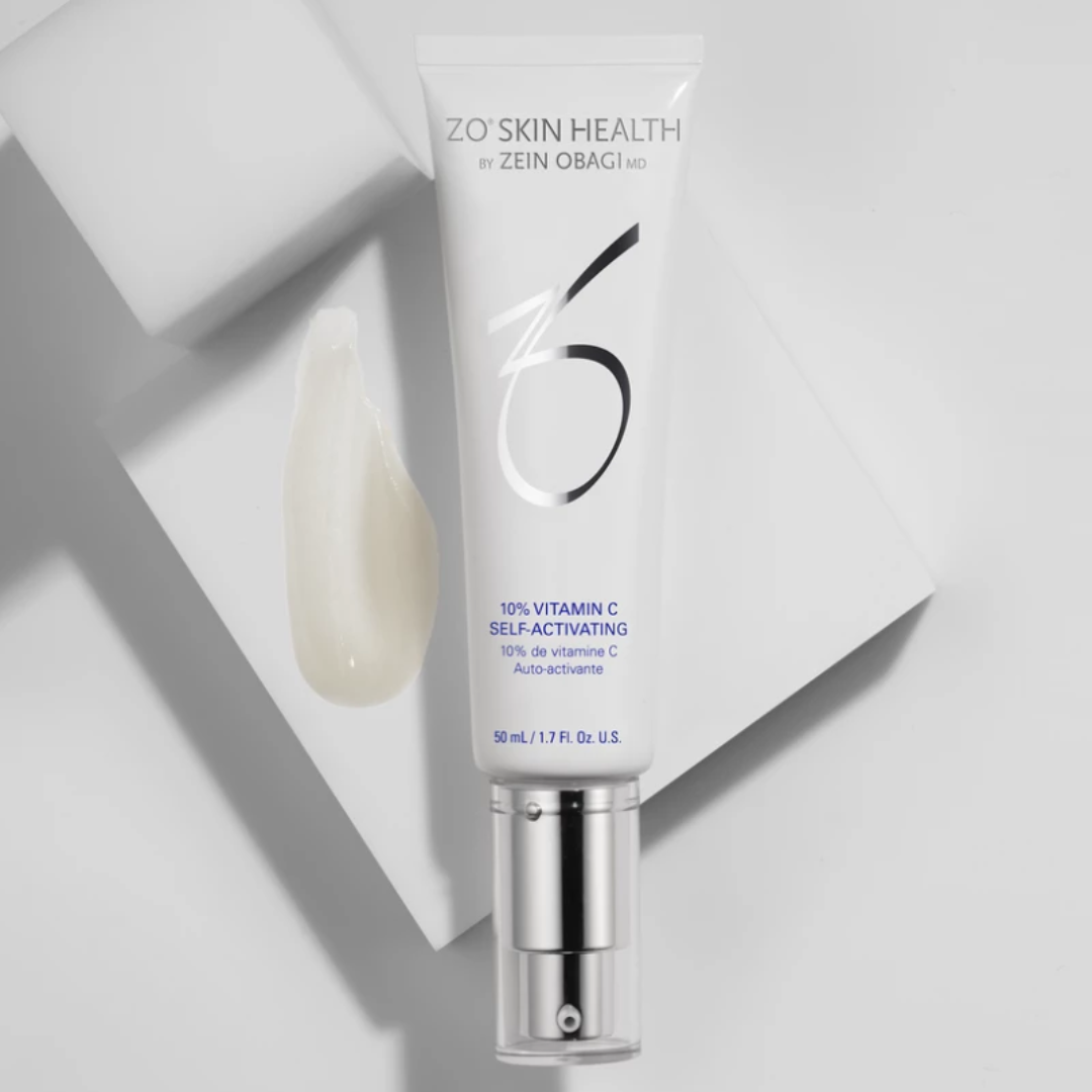 ZO Skin Health 10% Vitamin C Self-Activating cream tube with product swatch on white geometric background