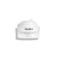 Medik8 Advanced Night Restore rejuvenating night cream jar with open lid, 50ml, on white background