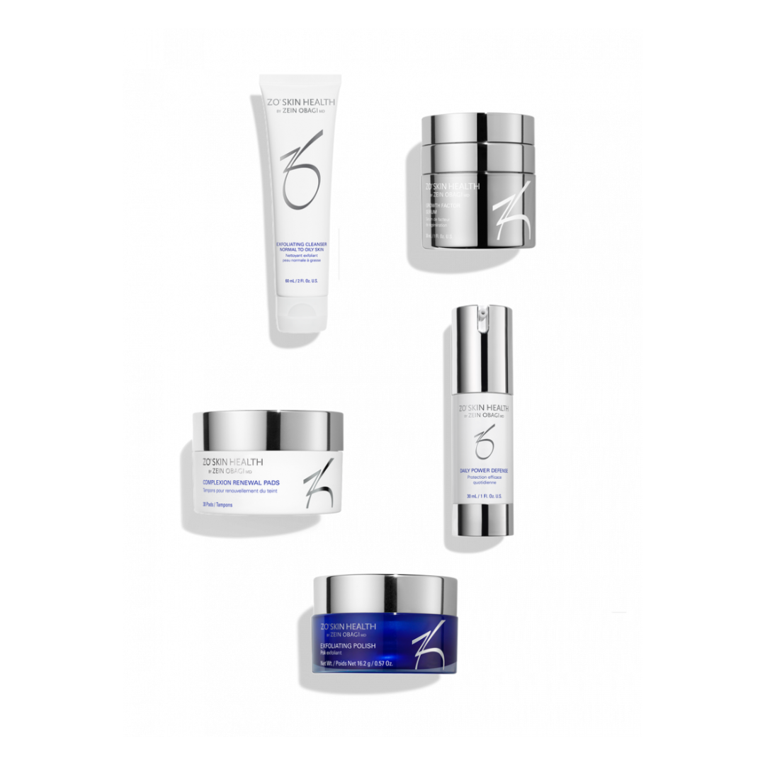 Zo Skin Health anti-aging skincare set with cleanser, pads, exfoliating polish, and cream products