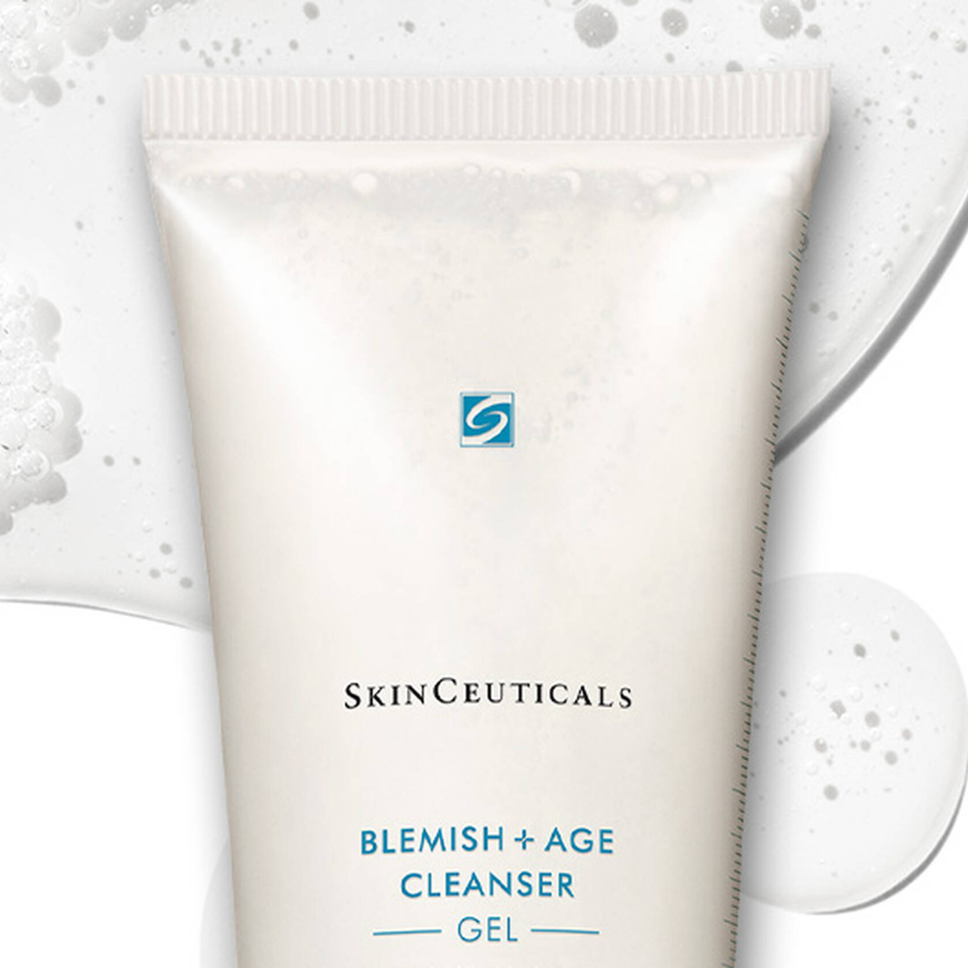 SkinCeuticals Blemish + Age Cleanser Gel tube with foamy gel background for skincare