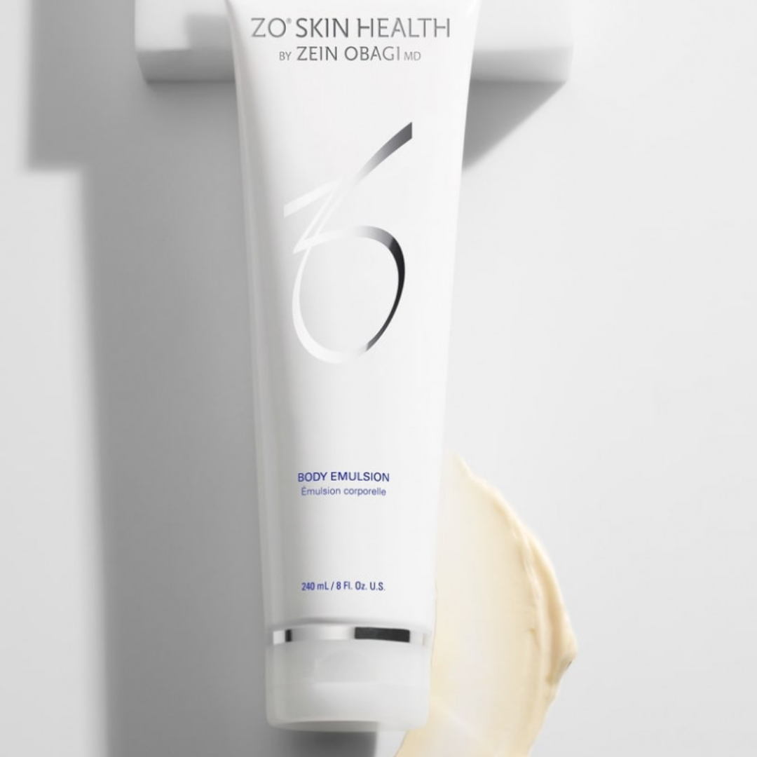 ZO Skin Health Body Emulsion tube with cream smear on white background, 240ml moisturizing lotion