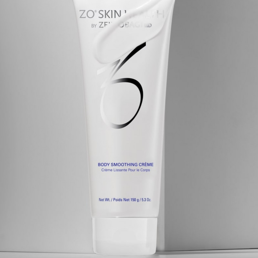 ZO Skin Health Body Smoothing Crème tube with cream smear on gray background
