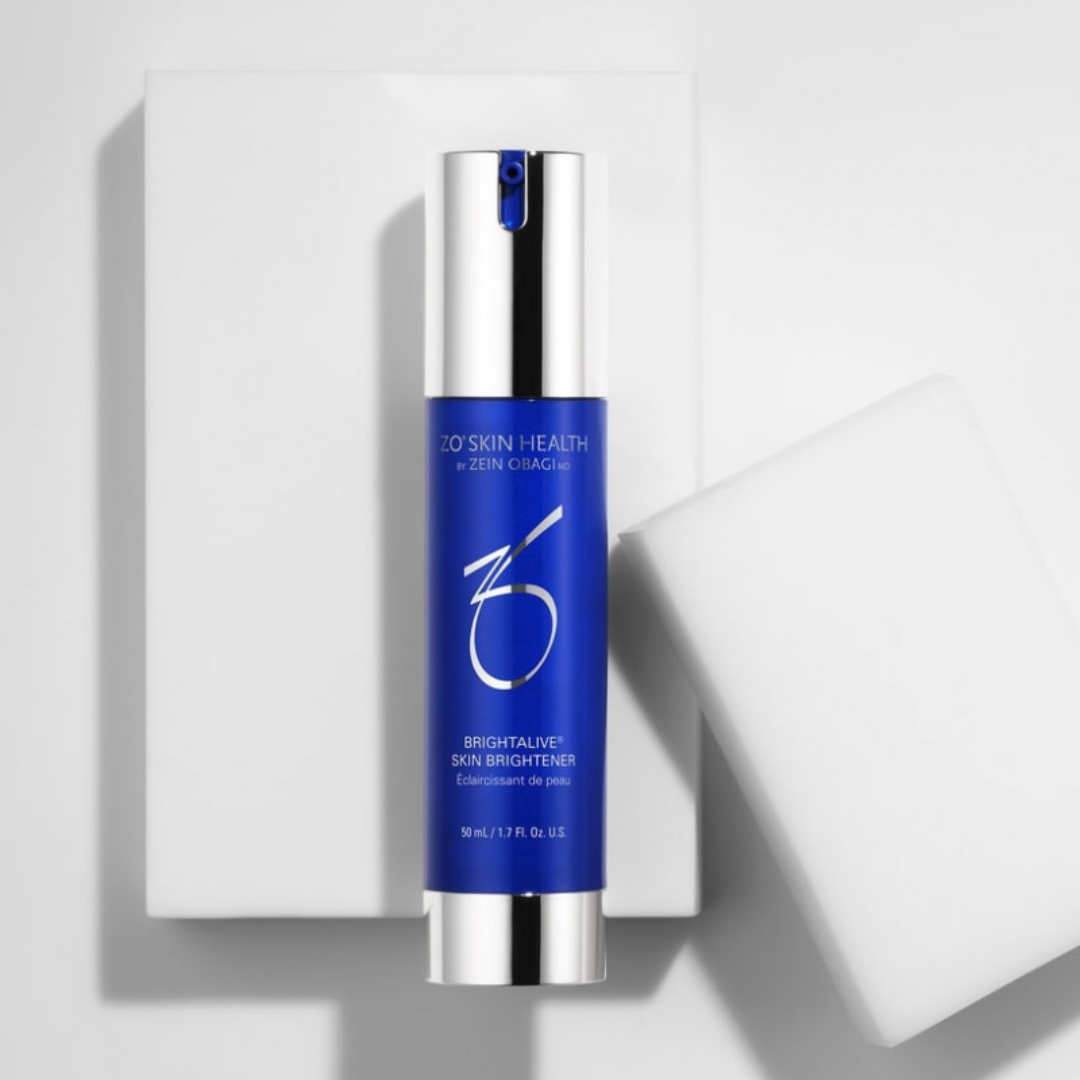 ZO Skin Health Brightalive Skin Brightener blue bottle with silver cap on white blocks