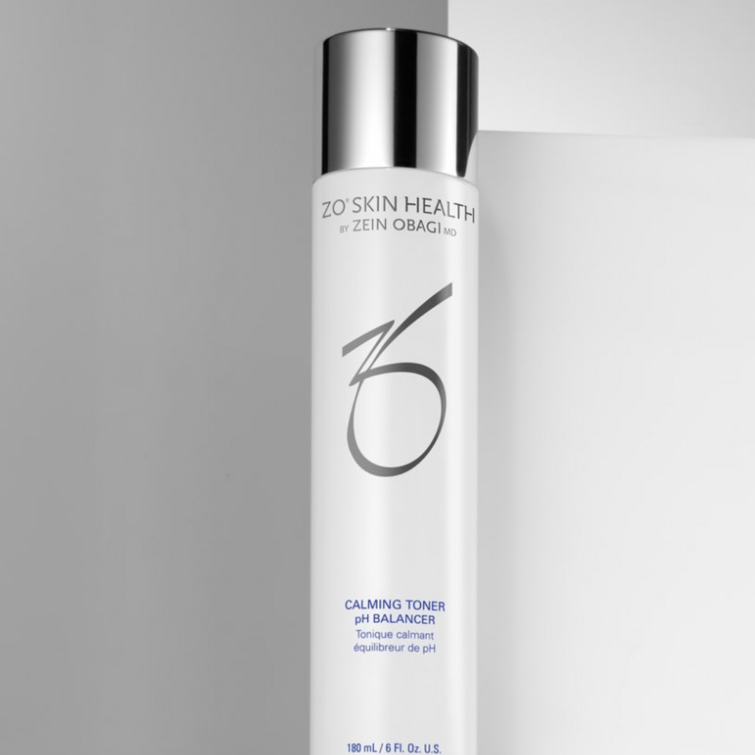 ZO Skin Health calming toner pH balancer bottle with silver cap on white background