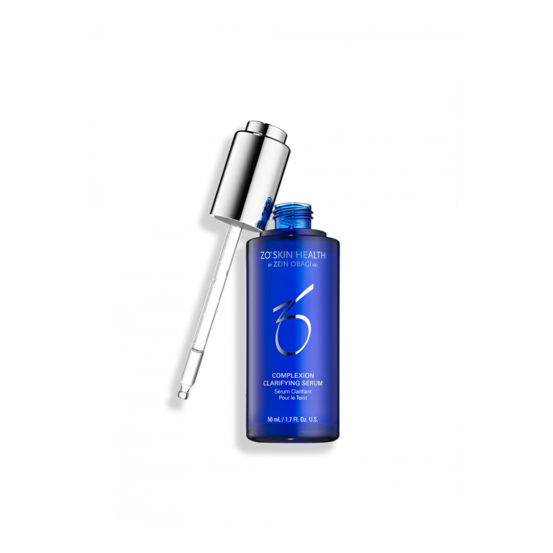 Open blue bottle of ZO Skin Health Complexion Clarifying Serum with dropper on white background