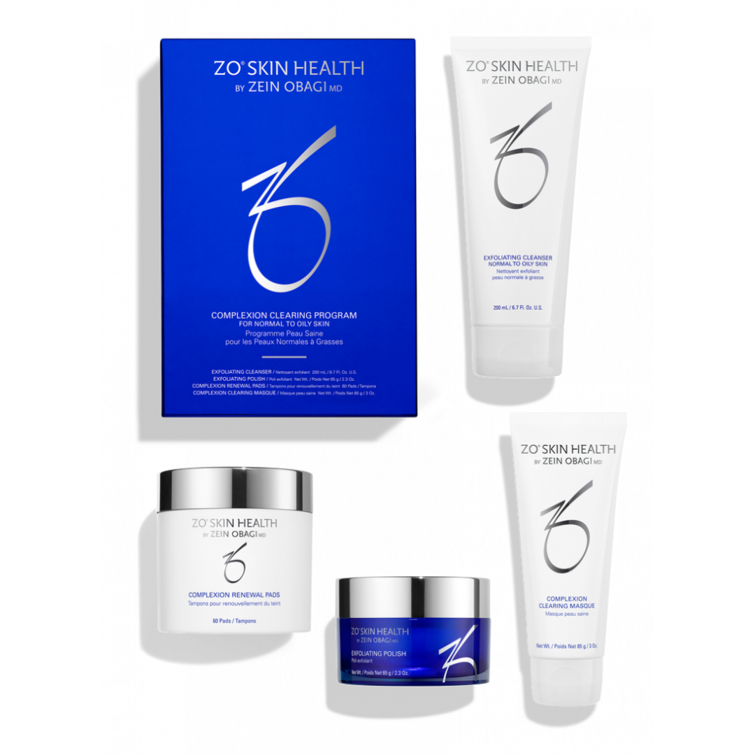 ZO Skin Health Complexion Clearing Program with cleanser, renewal pads, exfoliating polish, and masque