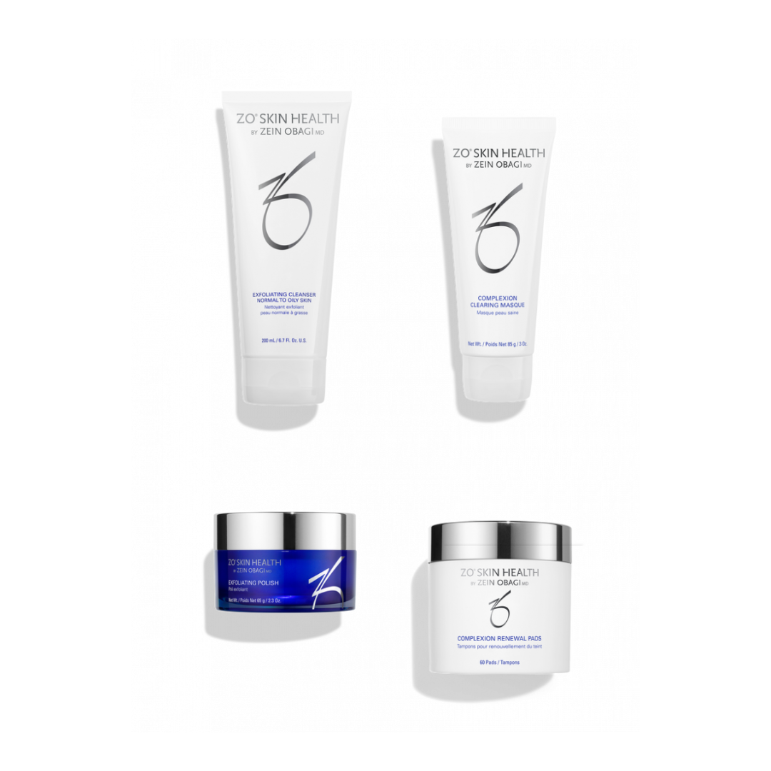 ZO Skin Health Complexion Clearing skincare set with exfoliating cleanser, masque, polish, and renewal pads