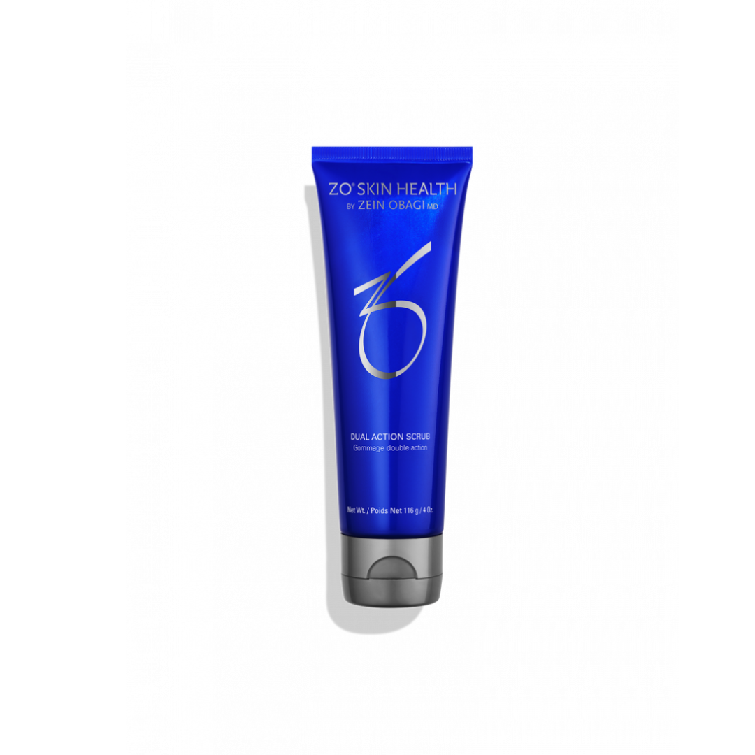 Blue tube of ZO Skin Health Dual Action Scrub by Zein Obagi on white background