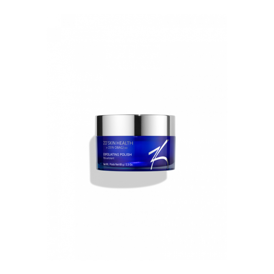 ZO Skin Health Exfoliating Polish blue jar with silver lid on white background