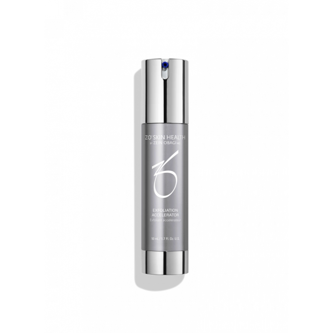 ZO Skin Health Exfoliation Accelerator skincare serum in sleek silver pump bottle