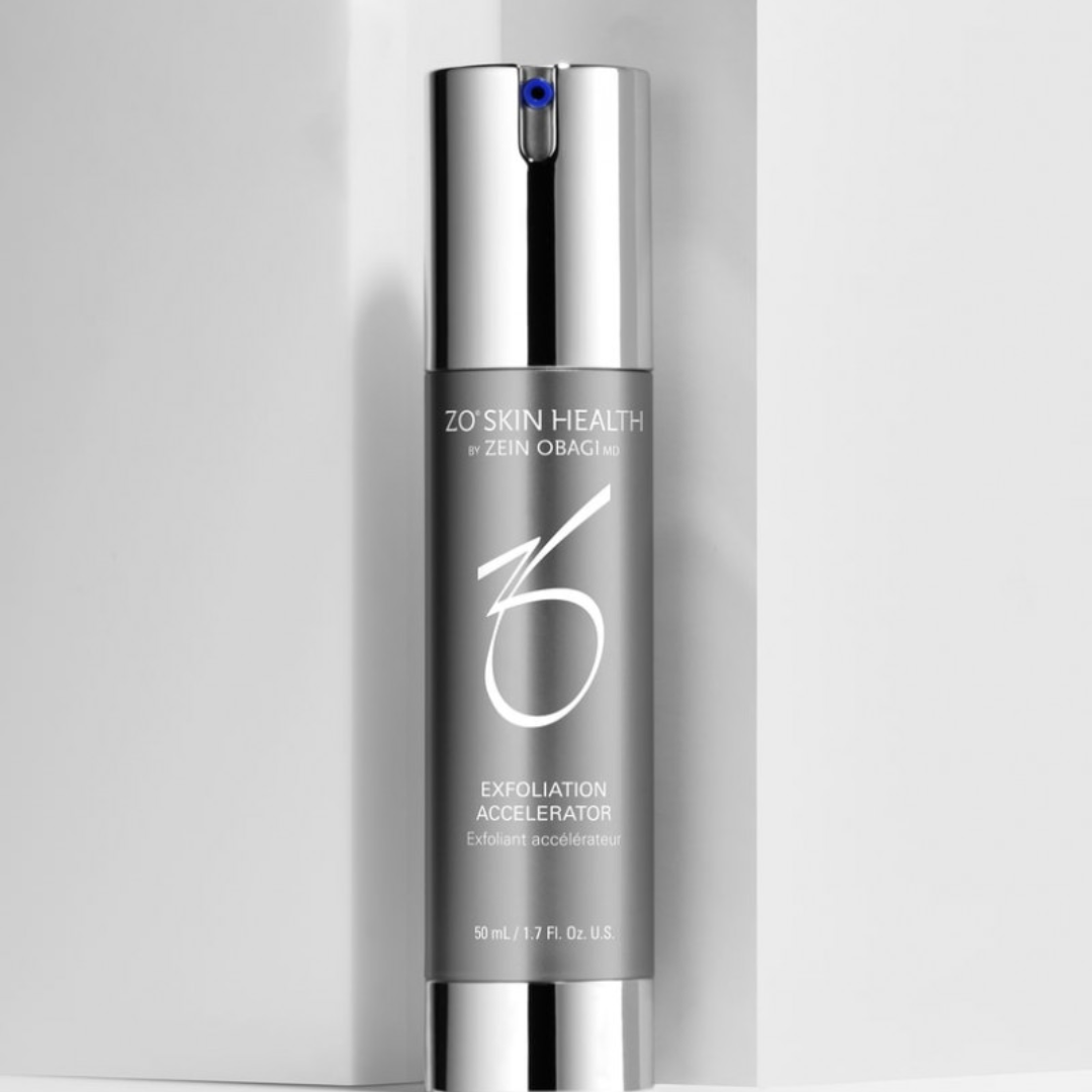 ZO Skin Health Exfoliation Accelerator skincare product in gray bottle with silver cap