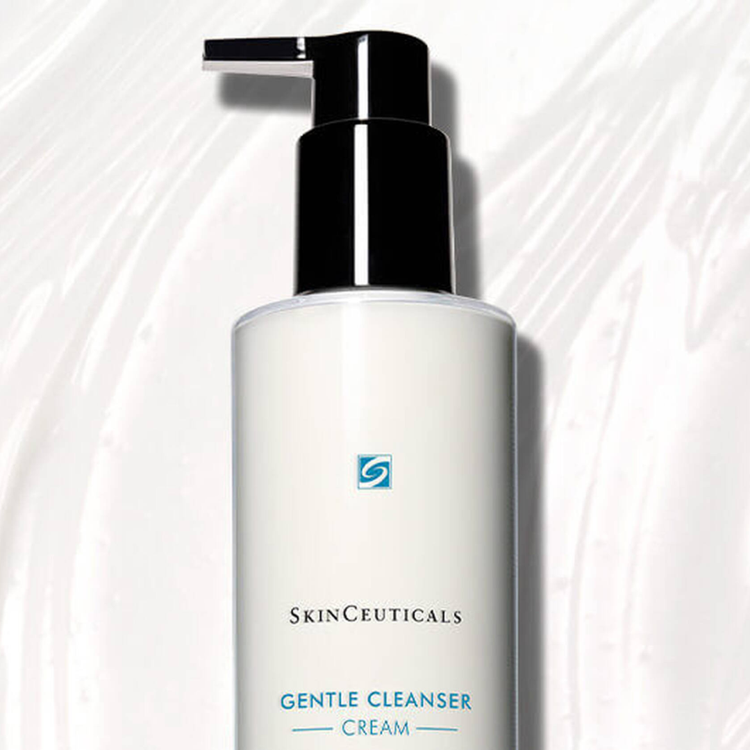 SkinCeuticals Gentle Cleanser Cream with black pump on white textured background