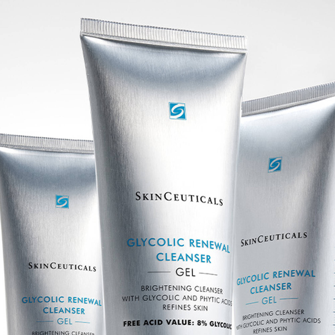 SkinCeuticals Glycolic Renewal Cleanser gel skincare tubes with brightening formula