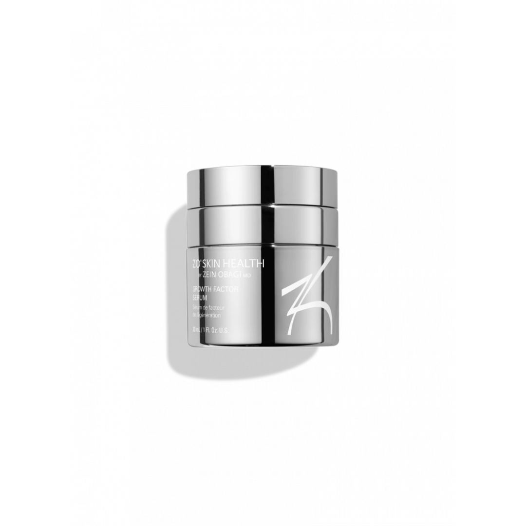 Shiny silver jar of ZO Skin Health Growth Factor Serum on white background with shadow