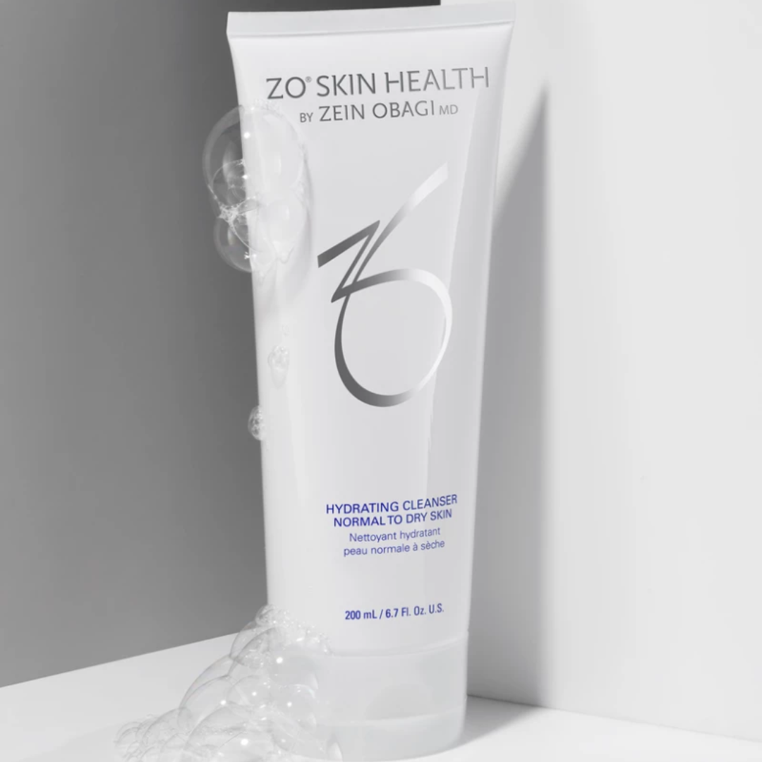 ZO Skin Health Hydrating Cleanser for normal to dry skin in white tube with bubbles