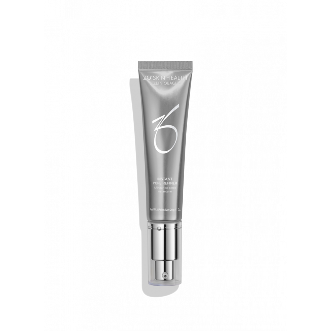 Silver tube of ZO Skin Health Instant Pore Refiner skincare product with pump dispenser