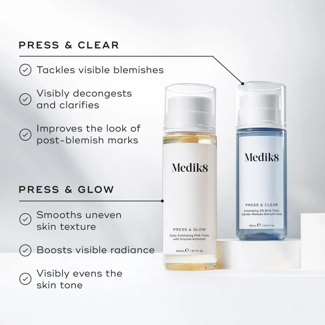 Medik8 Press & Clear and Press & Glow exfoliating tonics for blemish-prone and uneven skin, 150ml and 200ml bottles on white background.