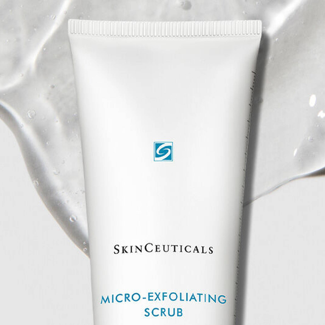 SkinCeuticals micro-exfoliating face scrub tube with clear gel background