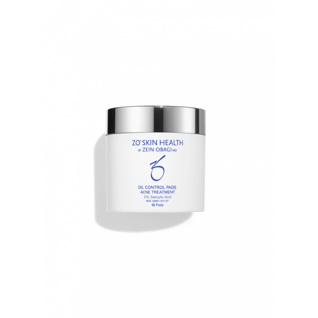 Container of ZO Skin Health Oil Control Pads acne treatment with 2% salicylic acid on white background