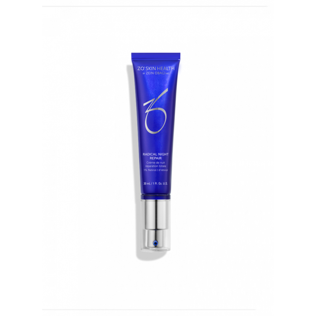 ZO Skin Health Radical Night Repair cream tube with 1% retinol in blue packaging