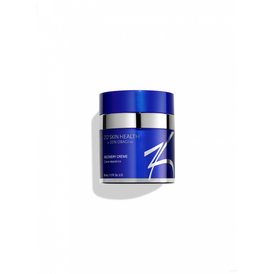 ZO Skin Health Recovery Crème in blue jar with silver lid on white background