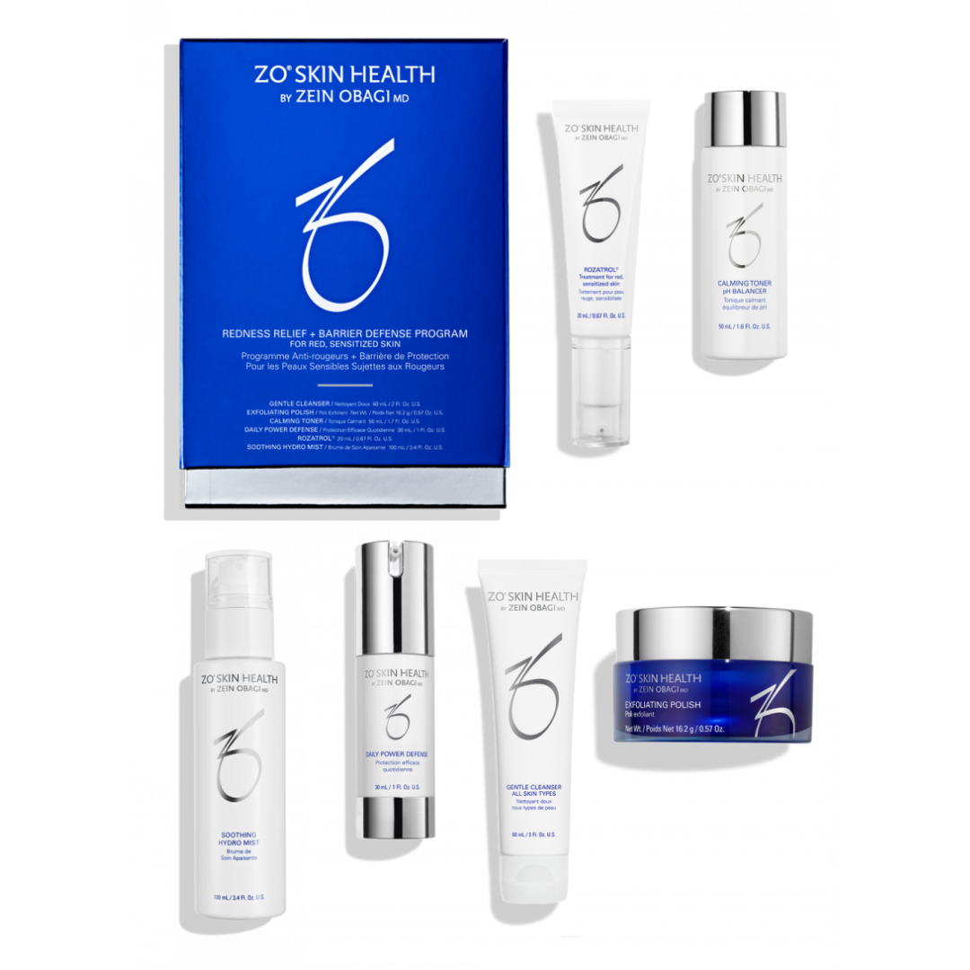 ZO Skin Health Redness Relief Barrier Defense Program kit with cleanser, toner, exfoliating polish and serum
