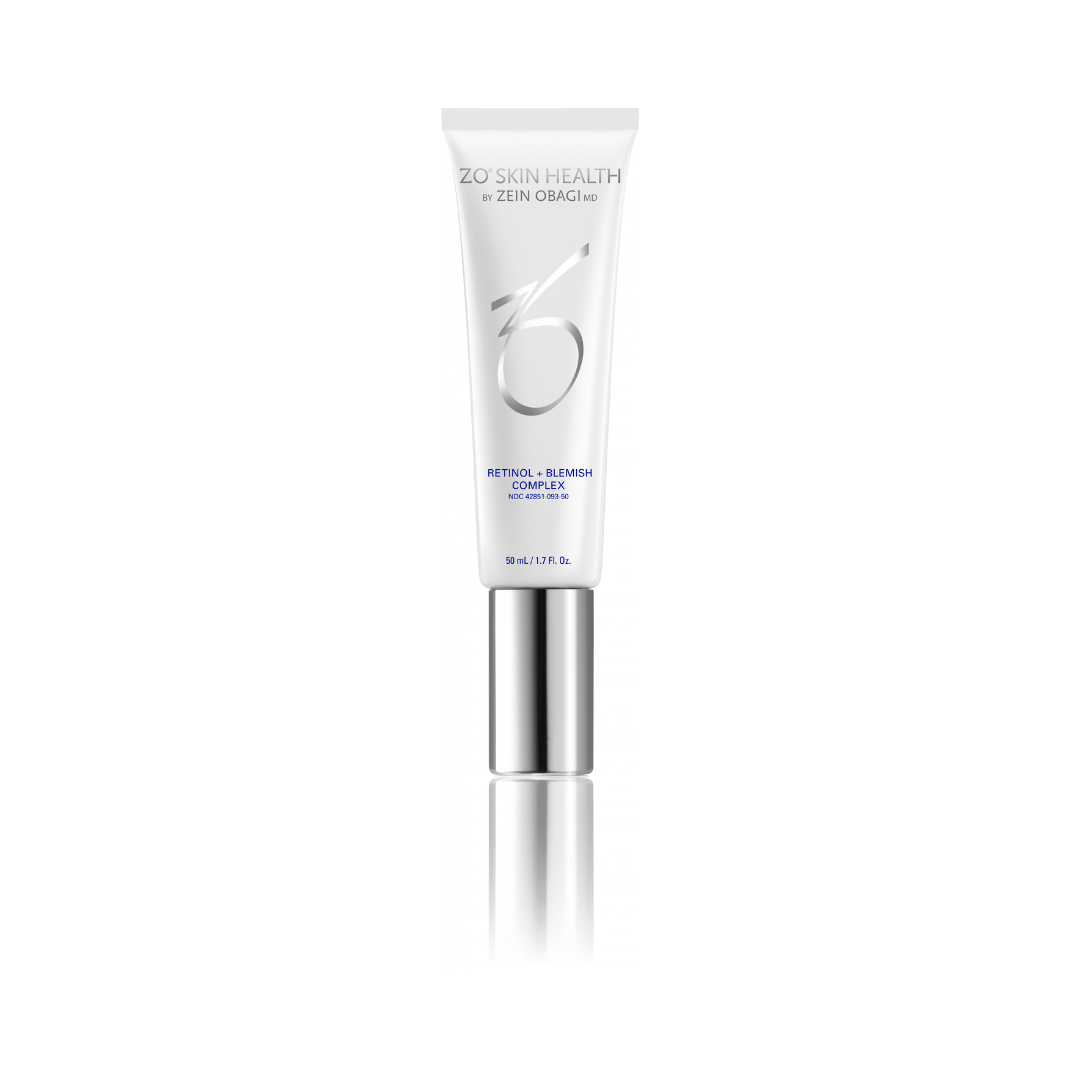 ZO Skin Health Retinol + Blemish Complex tube with silver cap, skincare product on white background