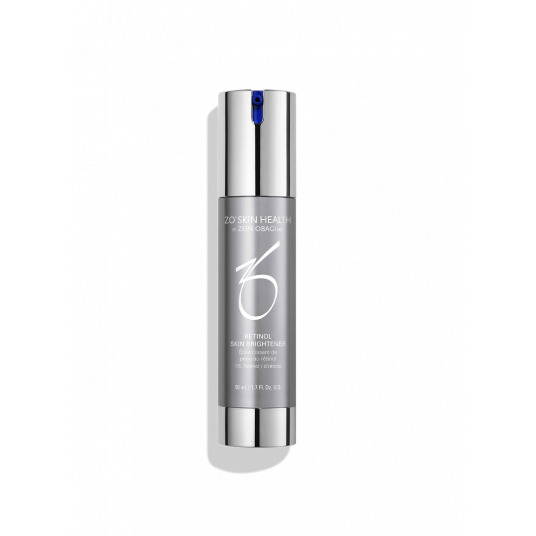 ZO Skin Health Retinol Skin Brightener bottle with silver and blue pump on white background