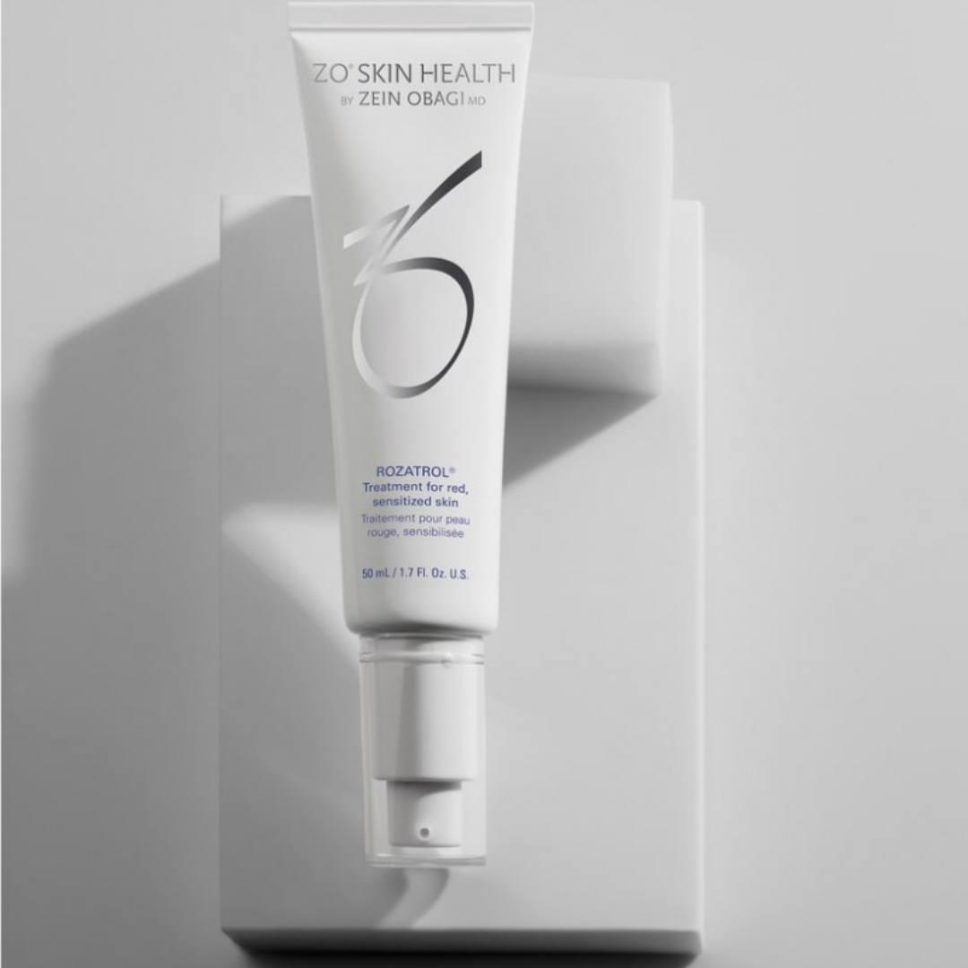 ZO Skin Health Rozatrol serum tube for red, sensitized skin on white geometric platform