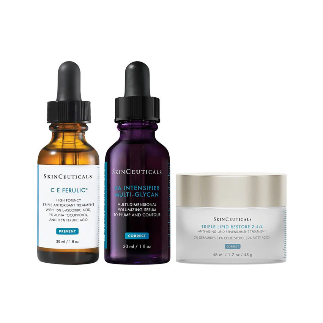 SkinCeuticals C E Ferulic serum, HA Intensifier Multi-Glycan serum, and Triple Lipid Restore cream skincare products