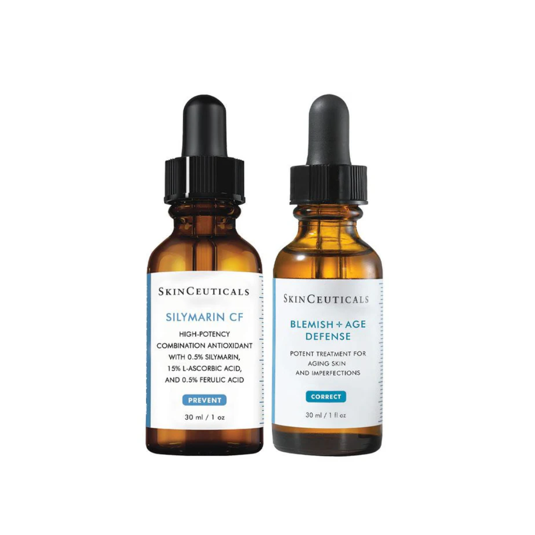 SkinCeuticals Silymarin CF and Blemish + Age Defense antioxidant serums in amber dropper bottles