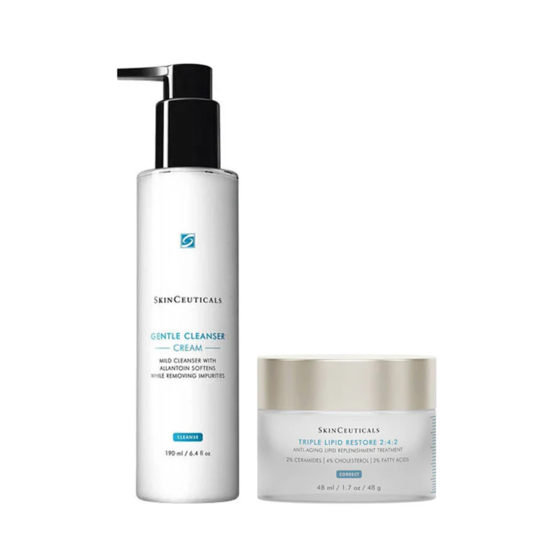 SkinCeuticals Gentle Cleanser Cream pump bottle and Triple Lipid Restore anti-aging cream jar