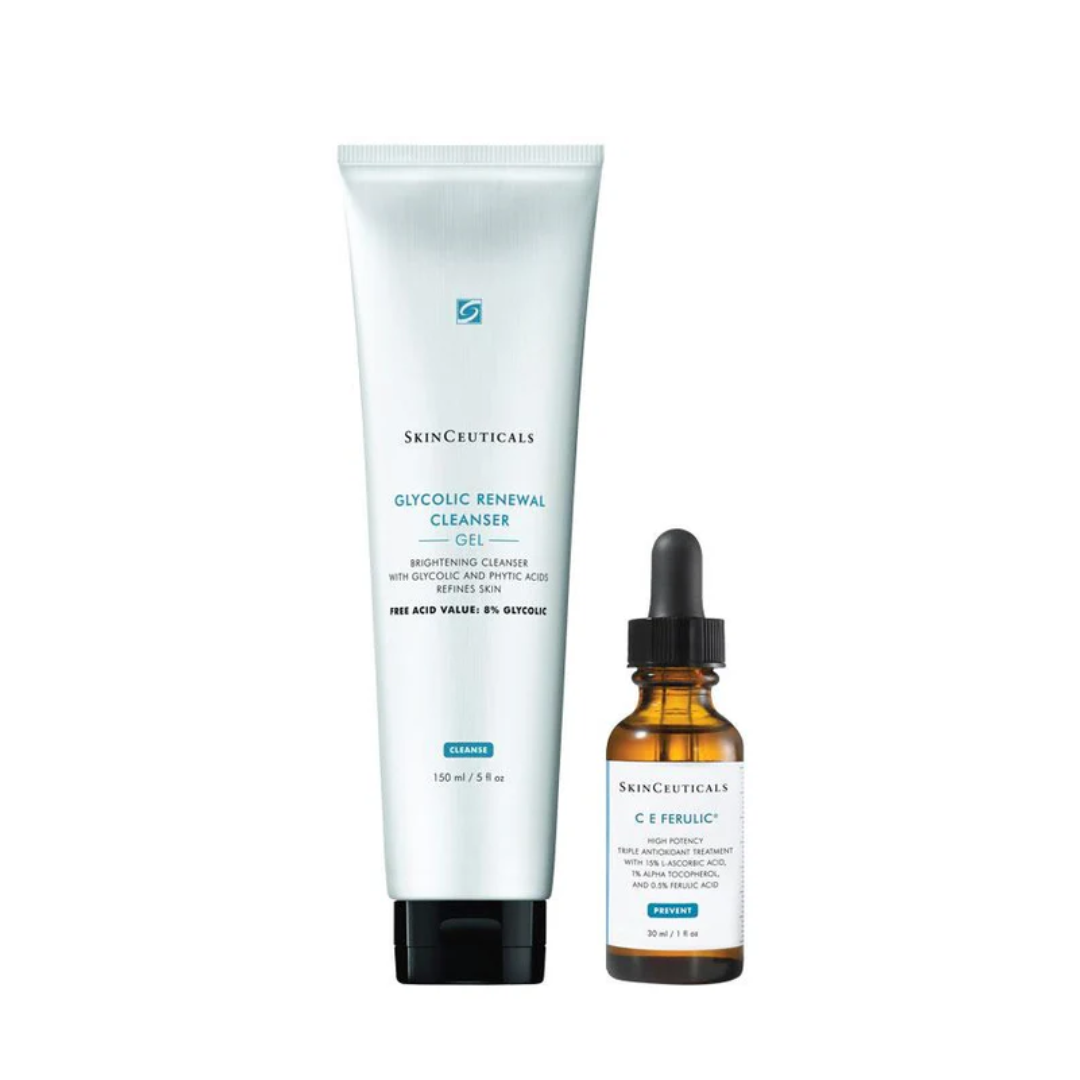 SkinCeuticals Glycolic Renewal Cleanser gel and C E Ferulic antioxidant serum bottles