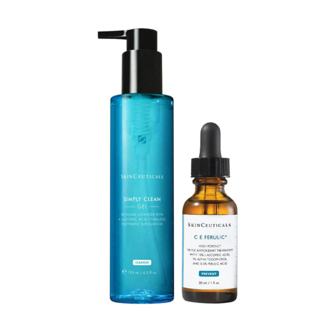 SkinCeuticals Simply Clean Gel Cleanser and C E Ferulic antioxidant serum bottles