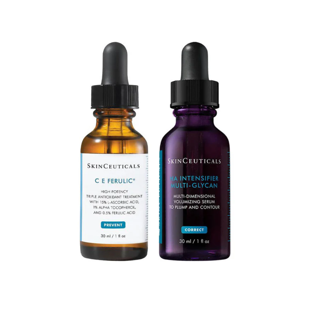SkinCeuticals skincare serums C E Ferulic antioxidant and HA Intensifier multi-glycan volumizing serum