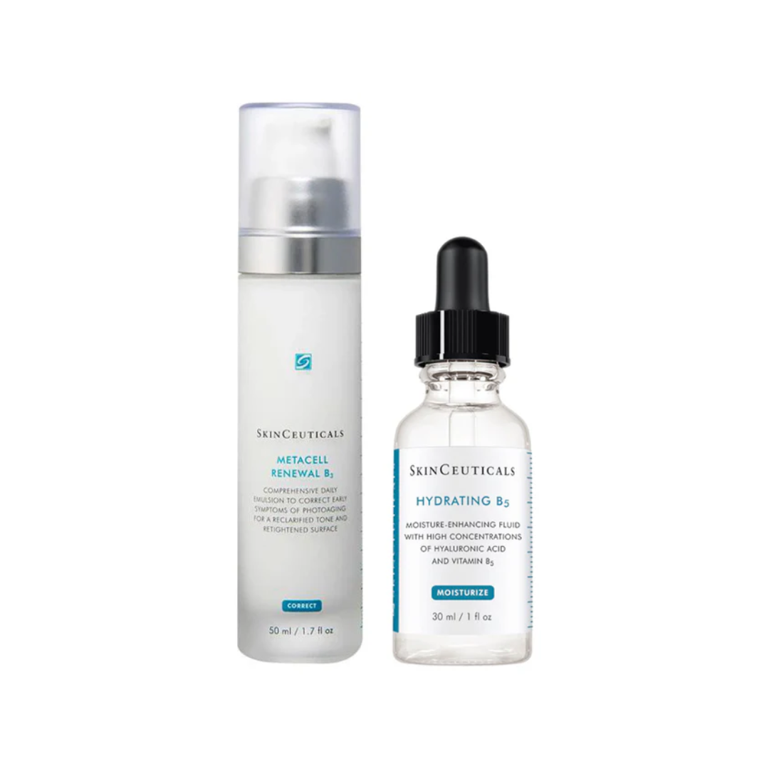 SkinCeuticals Metacell Renewal B3 cream and Hydrating B5 serum bottles on white