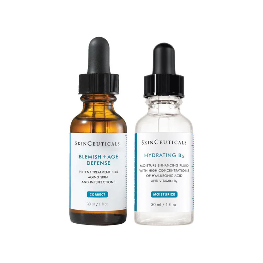 SkinCeuticals Blemish + Age Defense and Hydrating B5 skincare serums with droppers on white background