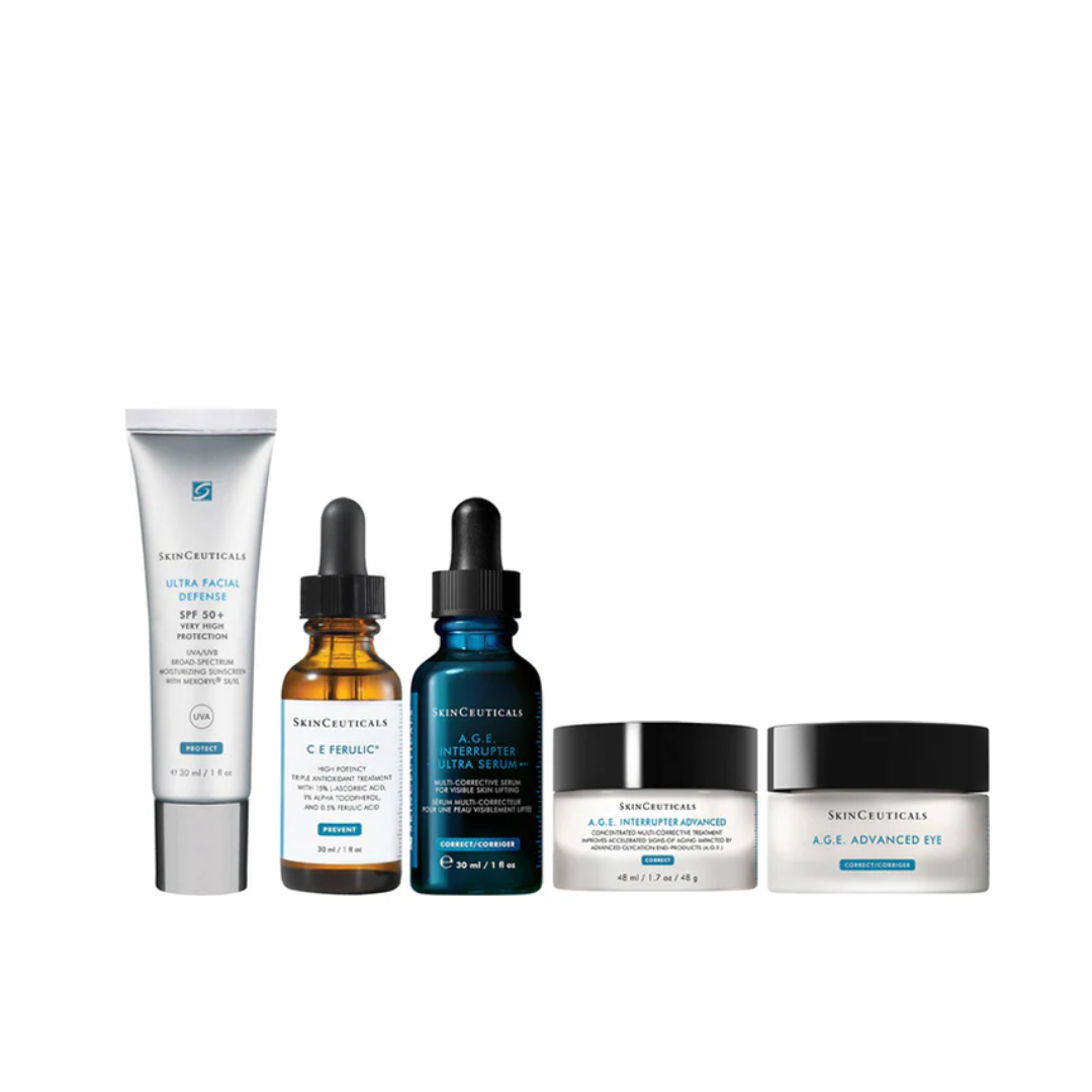 SkinCeuticals skincare set including Ultra Facial Defense SPF 50+, C E Ferulic serum, A.G.E. Interrupter Ultra Serum, and A.G.E. Advanced Eye cream