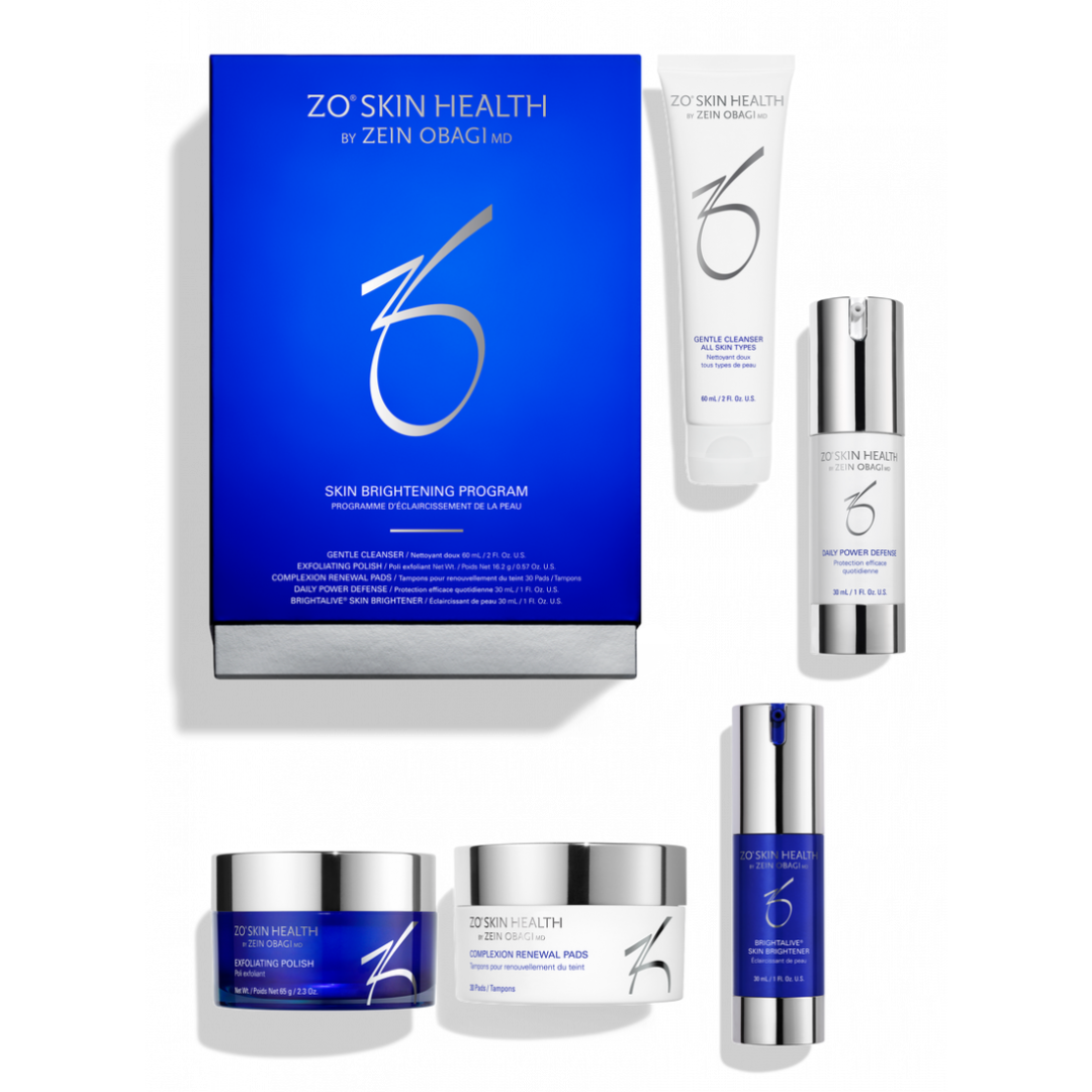 ZO Skin Health Skin Brightening Program with cleanser, exfoliating polish, renewal pads, and serum in blue and white packaging