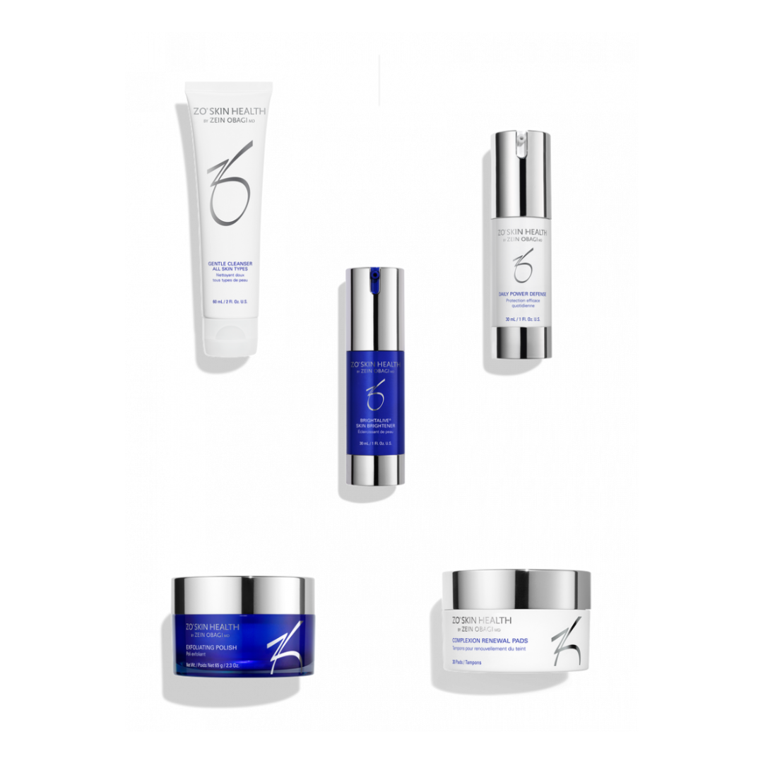 ZO Skin Health skin brightening products including gentle cleanser, exfoliating polish, brightalive skin brightener, daily power defense, and complexion renewal pads