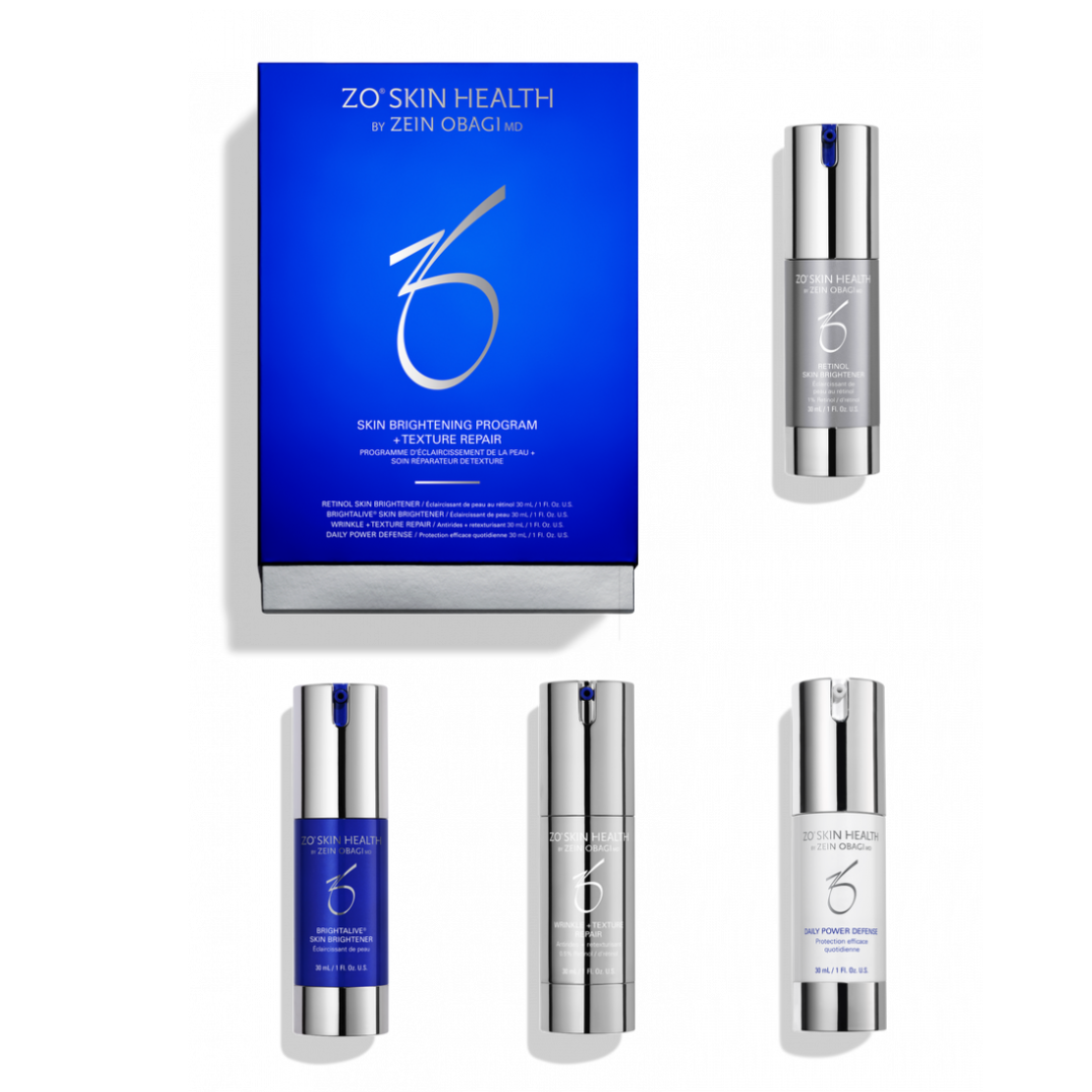 ZO Skin Health Skin Brightening Program with silver pump bottles for retinol, brightening, wrinkle repair, and daily defense