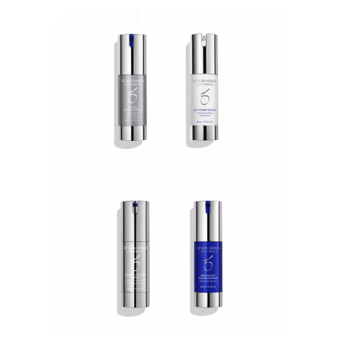 Four ZO Skin Health skincare bottles with silver caps on white background for brightening and texture repair
