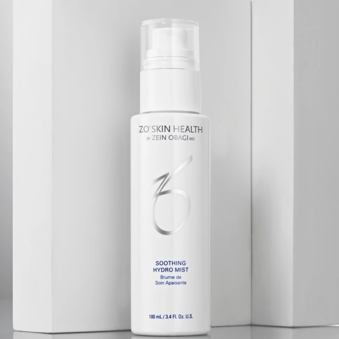 ZO Skin Health Soothing Hydro Mist bottle with white packaging in minimalistic setting