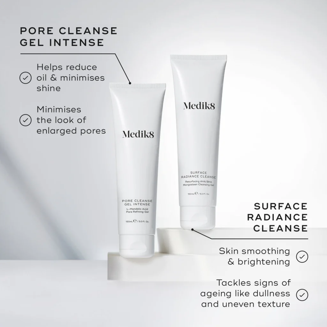 Medik8 Surface Radiance Cleanse and Pore Cleanse Gel Intense tubes on white blocks with skincare benefit text