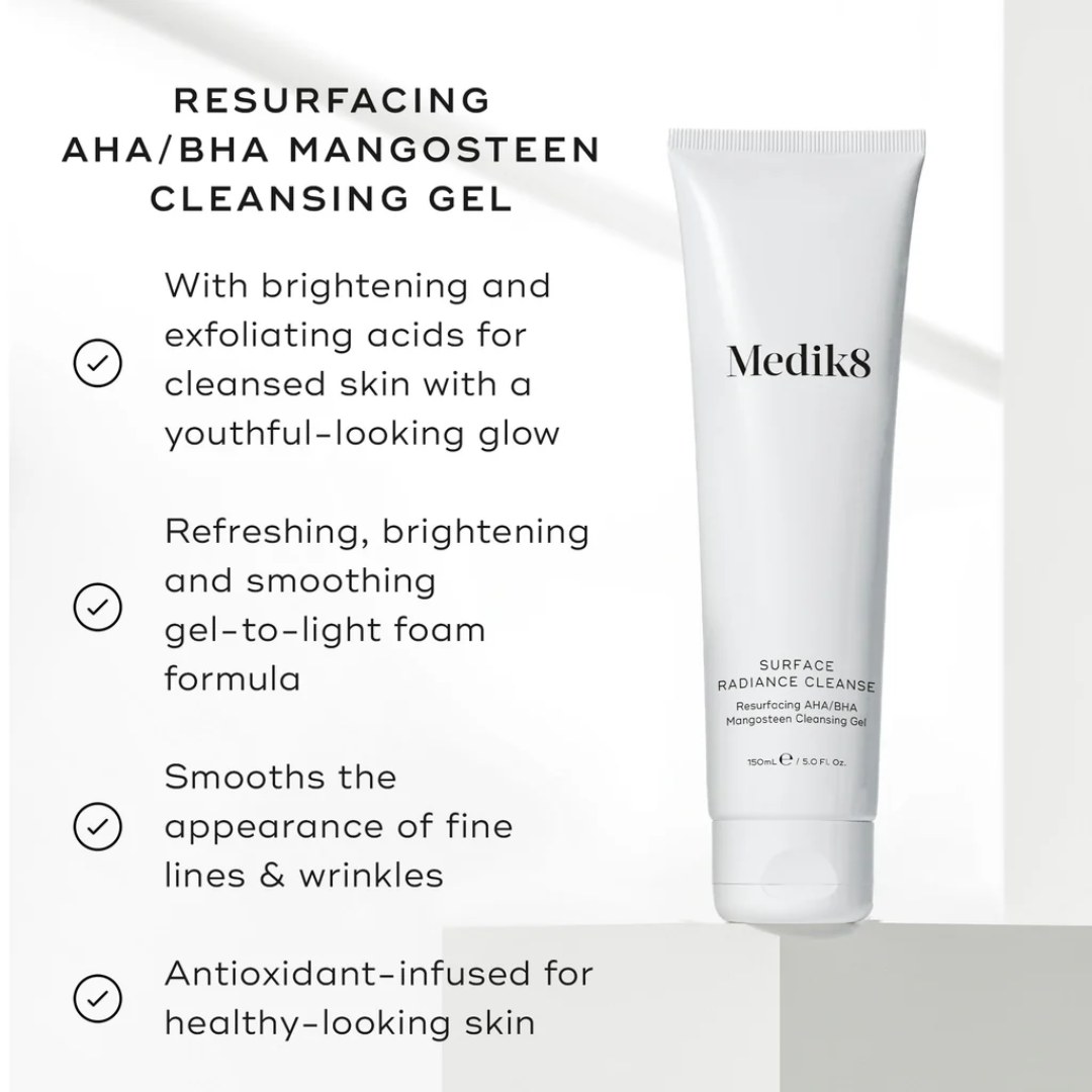 Medik8 Surface Radiance Cleanse tube for exfoliating, brightening skincare with AHA, BHA, mangosteen.