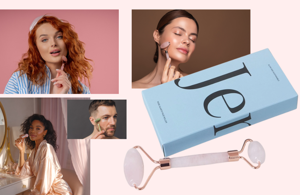 Collage of diverse people using rose quartz and green jade face rollers with blue Jen product box