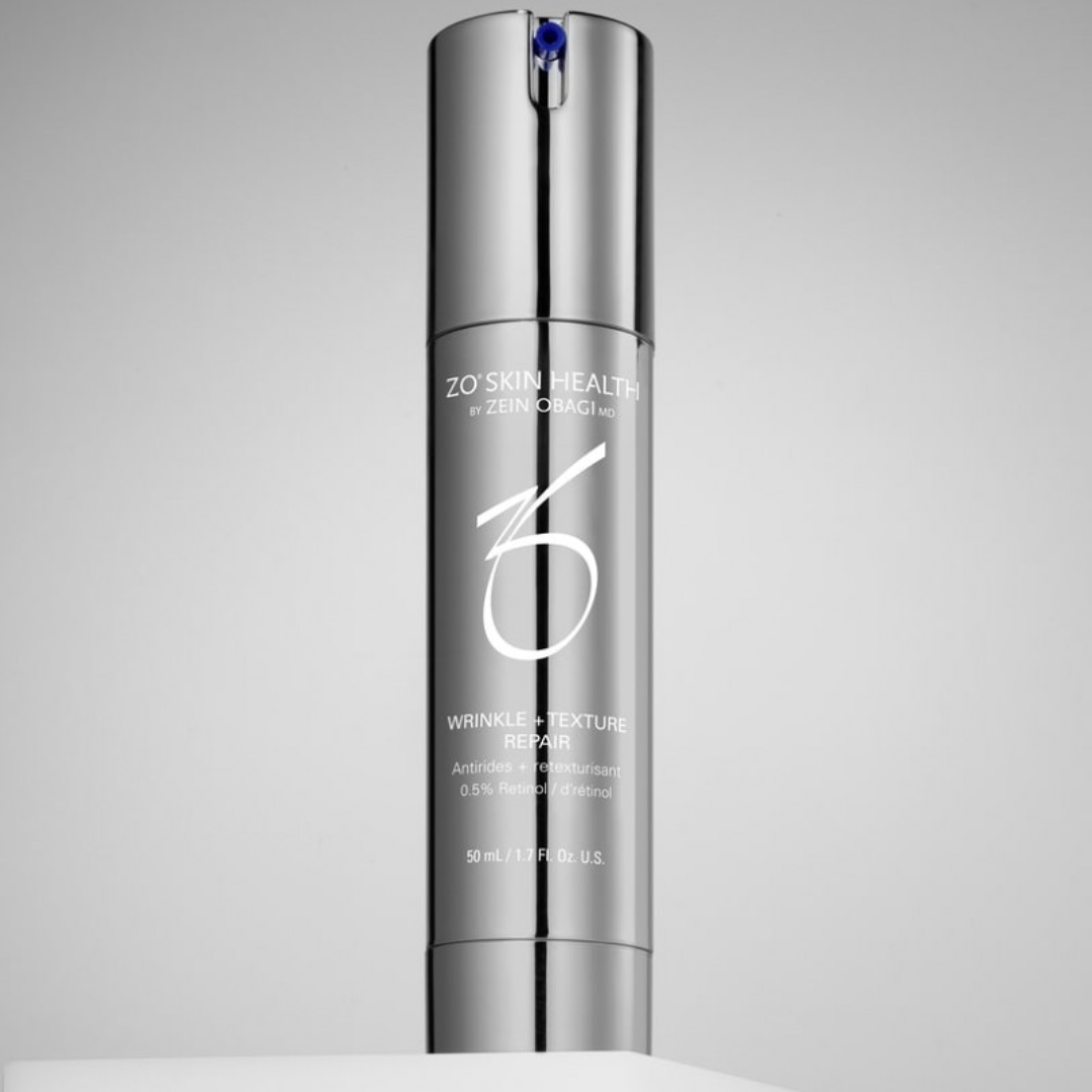 ZO Skin Health Wrinkle + Texture Repair serum bottle with 0.5% Retinol on gray background
