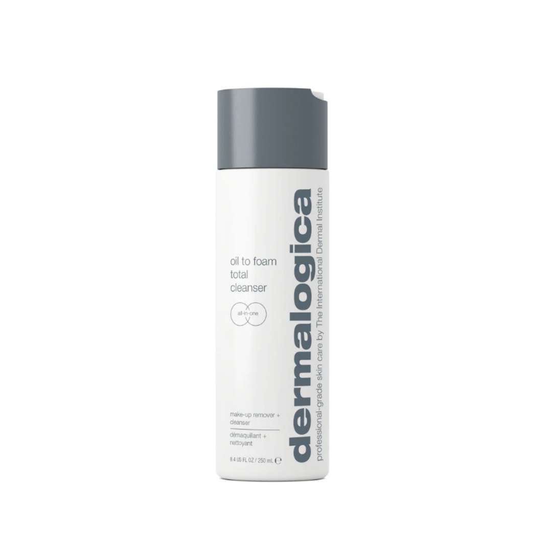Dermalogica Oil to Foam Total Cleanser bottle with gray cap, makeup remover and cleanser